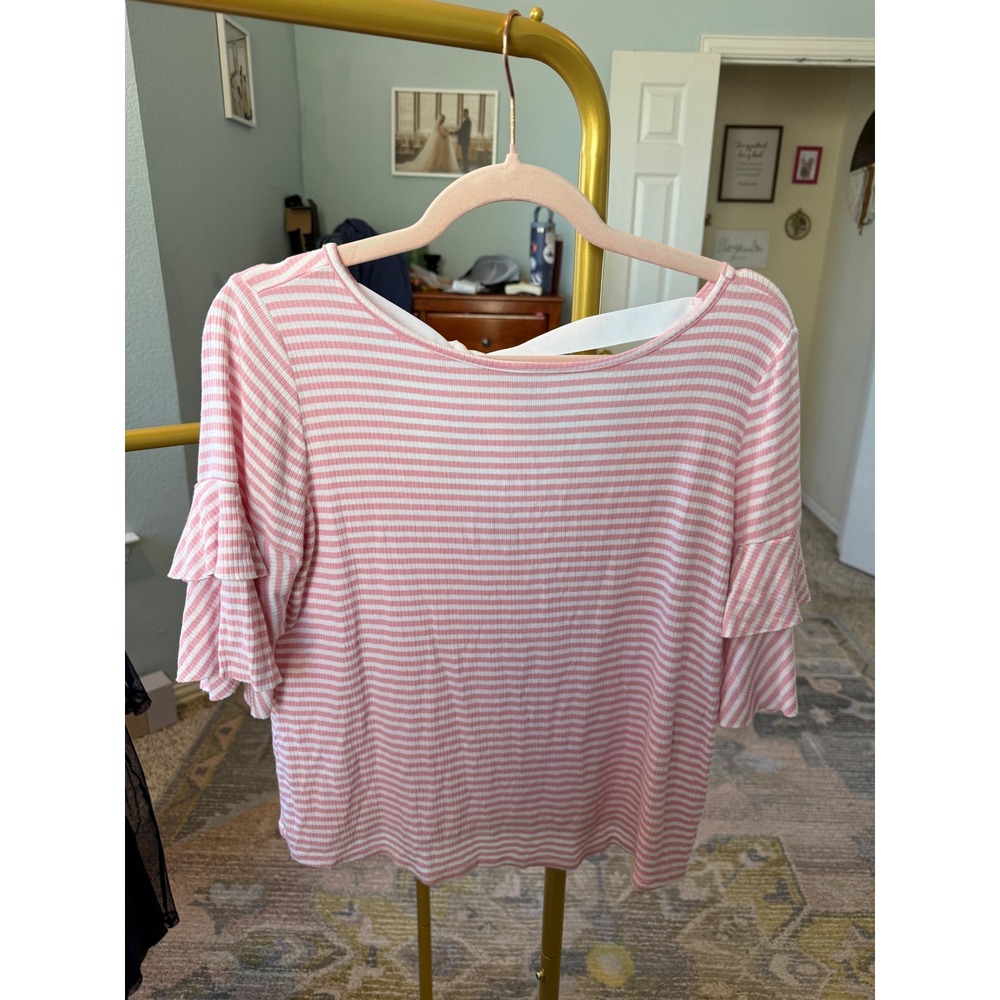 Blu Pepper Pink Striped Ruffle Sleeve Tie‎ Back Top Boho Feminine M